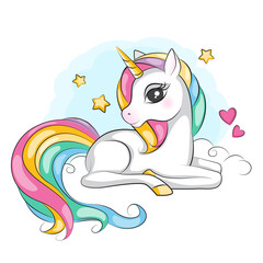 Beautiful illustration of cute  magical unicorn with mane rainbow colors. Its lies on clouds. Isolated. Beautiful picture for your design.   - 455495829