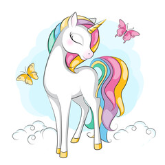 Beautiful illustration of cute little smiling unicorn  with mane  rainbow colors  .Hand drawn picture for your design. - 455495838