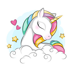 Portrait of cute unicorn .Beautiful picture for your design. Children background. Magic pony.  Hand drawn illustration  on white. Isolated. - 455495846