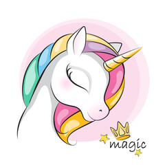 Portrait of cute unicorn .Beautiful picture for your design. Children background. Magic pony.  Hand drawn illustration  on white. Isolated.