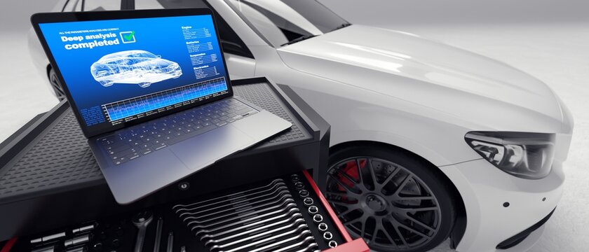 Vehicle maintenance. Computer analyzing a vehicle. 