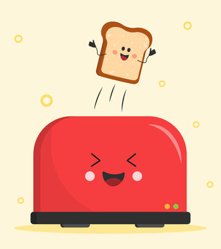 Bread pops out of toaster. Funny pictures for kids. Graphic elements for websites. Banner for sale of goods. Colorful and bright image. Cartoon flat vector illustration isolated on beige background