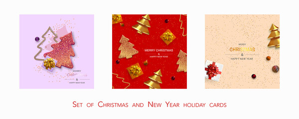 Set of Xmas Poster, greeting cards, banner. New Year  Backgrounds with Sparkling Christmas tree and Abstract Gold Christmas Trees. Top view.