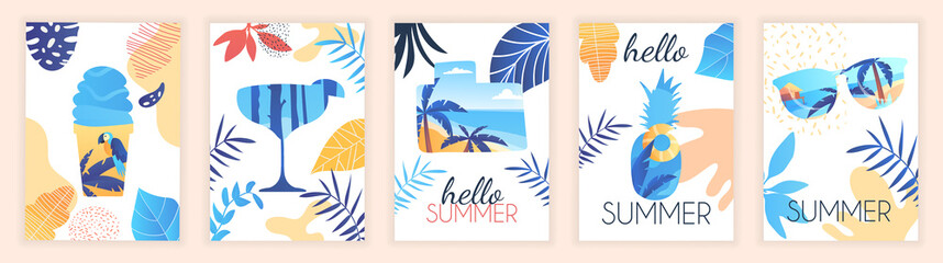 Obraz premium Set of bright summer pictures. Various patterns for printing on fabric. Sunglasses, ice cream, parrot, sea, beach, pineapple, glass. Cartoon flat vector illustrations isolated on white background