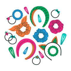 Ladys hair accessories. Cartoon hair tie, scrunchies, headband, elastic bands, doodle hair accessory vector cartoon illustration set