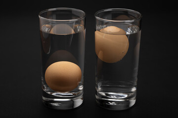 Eggs in water test on transparent glass , Egg freshness test on black background , Bad egg floats...