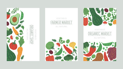 Vegetables farm market food doodle banners. Tomato, pepper, beetroot and radish healthy vegetarian food posters cartoon vector illustration. Farmer organic vegetables shop cards