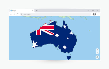 Browser window with map of Australia, searching  Australia in internet.
