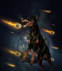 Contemporary art collage of doberman in a jump isolated over space background