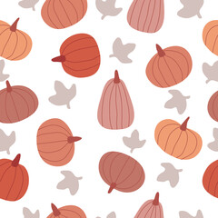 Seamless hand drawn pumpkin pattern with pumpkin leaves on white background is used for paper printing. Textile wallpaper.