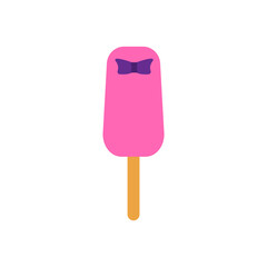 Bright pink ice cream on stick with violet bow isolated on white background. Ice cream lolly icon on flat style. Cartoon vector illustration. Clip art for t-chirt, postcard, sticker, print, case phone
