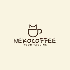 line art cup and cat logo design. coffee  symbol template vector illustration.