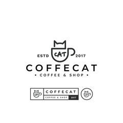 line art cup and cat logo design. coffee  symbol template vector illustration.