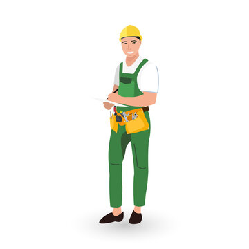 man in green work suit and a yellow helmet in flat style