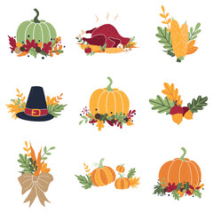 Collection of simple doodle flat clipart for Thanksgiving, harvest day, Halloween. Set of autumn cartoon stickers with pumpkins, turkey, corn, carrots, pilgrim's hat, acorns and fallen leaves.