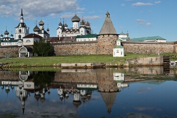 View of Russian Orthodox Monastery and White Sea. Bolshoy Solovetsky Island. Russia.