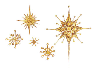 Bethlehem golden star isolated on white background. Christmas Star symbol watercolor illustration. Many Christians see star as miraculous sign to mark birth of Christ