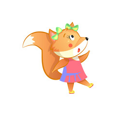 fox in a pink dress and with green bows in flat style