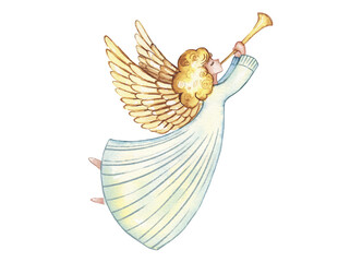 Watercolor illustration. Christmas angel with golden wings