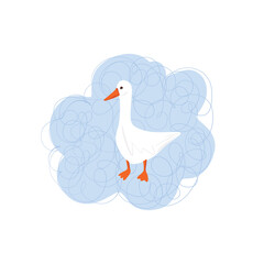 Simple illustration of a goose on a cloud. Hand-drawn childrens illustration of a duck in cartoon style. Cute gosling. Isolated on white background.