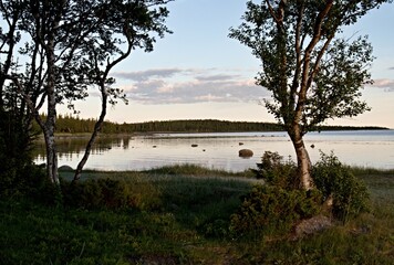 Bolshoy Solovetsky Island and White Sea at sunset.Russia.