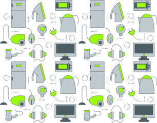 vector illustration. home appliances, rubble devices, pattern, icons. ornament, refrigerator, iron, set, headphones, electronics. line