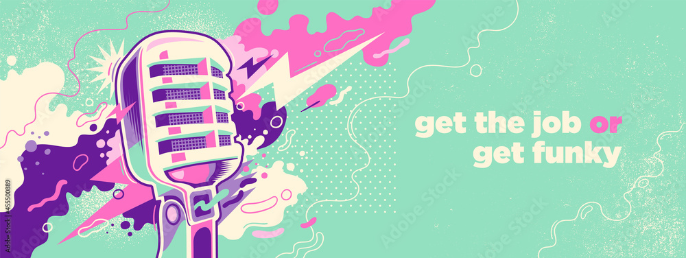 Poster abstract colorful background with retro microphone and splashing shapes. vector illustration.