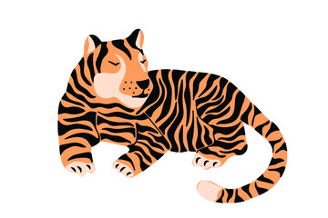 Obraz na płótnie Canvas Cute hand-drawn tiger isolated on white background. Symbol of 2022. Wild animal. Vector illustration.