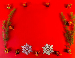 christmas and new year flat lay with copy space on red background