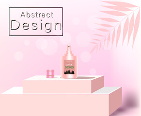 Naklejka premium Pink mockup of bottle dispenser on a podium , empty container with spraying fog in 3d illustration on a light background.