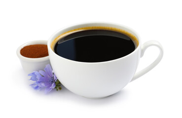 Cup of delicious chicory drink, powder and flower on white background