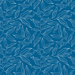 Willow Tree Branch seamless pattern. Eucalyptus Leaves modern contour ornament. Line art Plant. Outline Laurel Twig. Floral vector blue background for fashion print, textile, fabric, wrap, gift paper