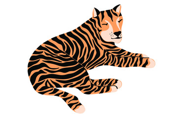 Cute hand-drawn tiger isolated on white background. Symbol of 2022. Wild animal. Vector illustration.