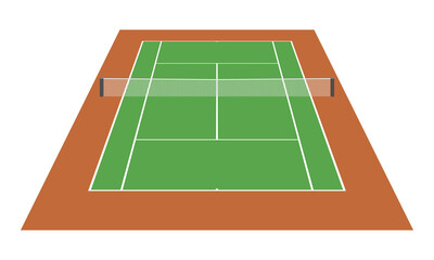 Tennis court with tennis net. Sport field 3d background. Vector illustration.