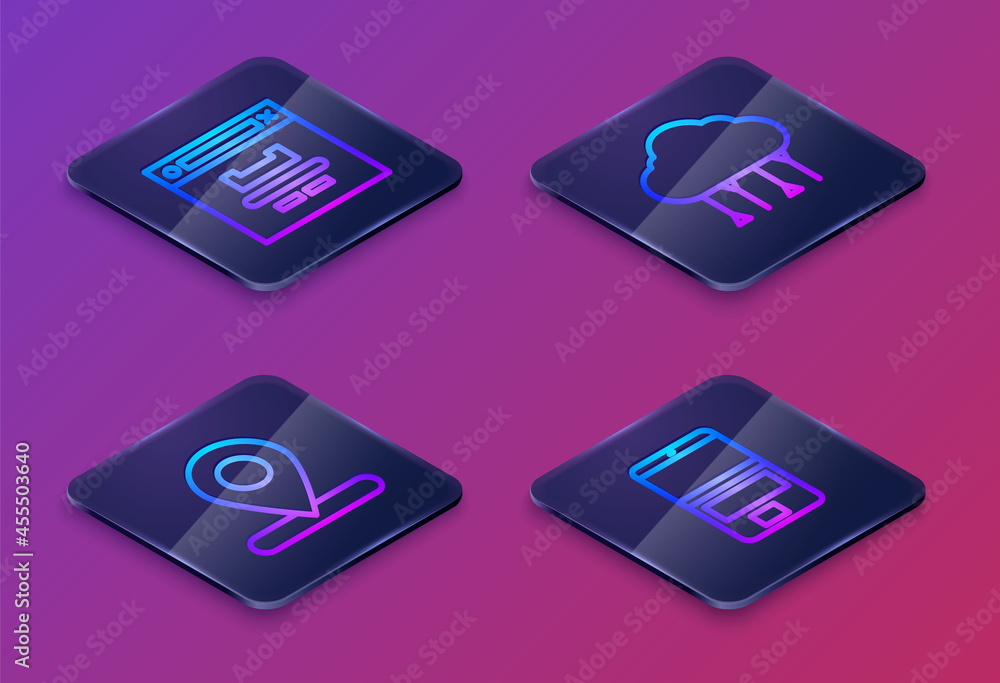 Poster set isometric line browser window, location, network cloud connection and laptop. blue square button