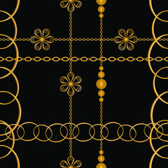 Seamless pattern decorated with precious stones, gold chains and pearls.	