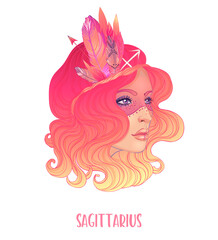 Illustration of Sagittarius astrological sign as a beautiful girl. Zodiac vector illustration isolated on white. Future telling, horoscope, alchemy, spirituality, occultism, fashion woman.