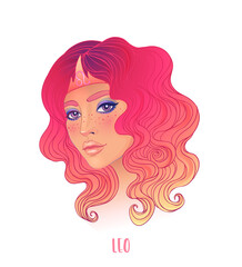 Illustration of Leo astrological sign as a beautiful girl. Zodiac vector illustration isolated on white. Future telling, horoscope, alchemy, spirituality, occultism, fashion woman.