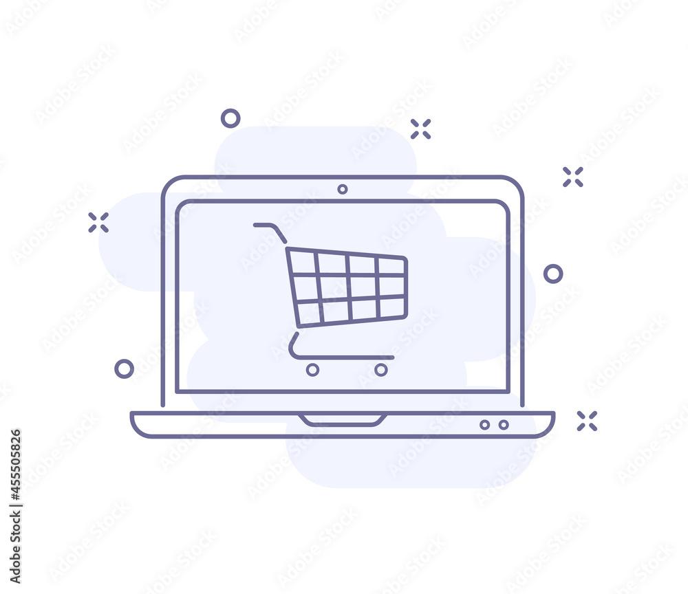 Poster online purchase outline vector illustration isolated on white. laptop with cart purple line icon wit