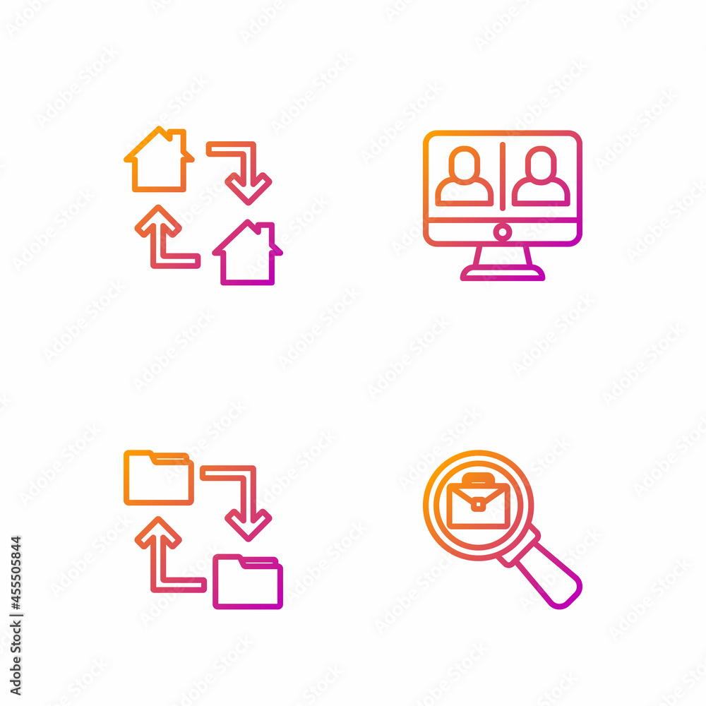Poster set line magnifying glass with briefcase, cloud storage document folder, online working and video ch
