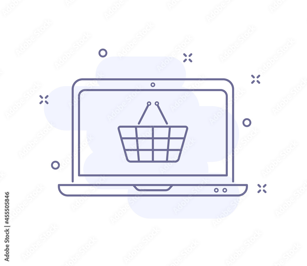 Poster online purchase outline vector illustration isolated on white. laptop with basket purple line icon w