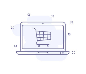 online purchase outline vector illustration isolated on white. laptop with cart purple line icon with light pink background and decorations. for web and ui design, mobile apps and print polygraphy