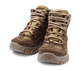 Pair of comfortable hiking boots on white background. Camping tourism