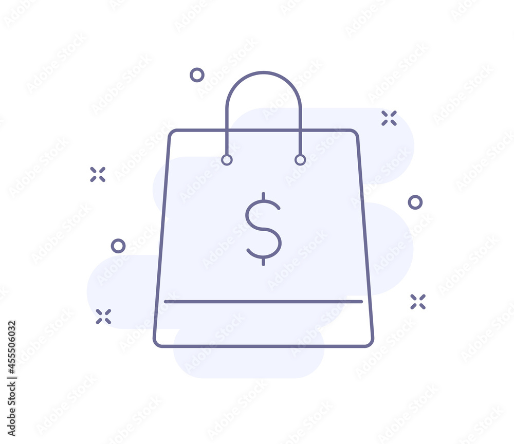 Poster bag with dollar outline vector illustration isolated on white. bag with dollar purple line icon with