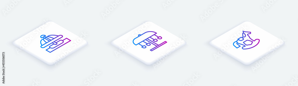 Poster Set Isometric line Attraction carousel, and Horse in saddle swing. White square button. Vector