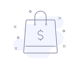 bag with dollar outline vector illustration isolated on white. bag with dollar purple line icon with light pink background and decorations. for web and ui design, mobile apps and print polygraphy