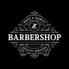 Barbershop ornate vintage victorian typography logo design with decorative ornamental flourish frame