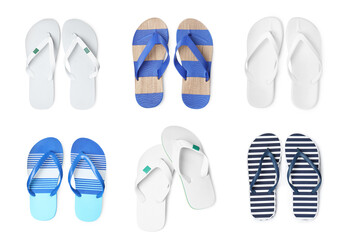 Set with different flip flops on white background, top view - obrazy, fototapety, plakaty
