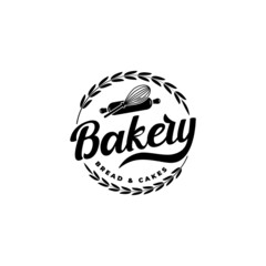label emblem badge bakery logo design with rolling pin balloon whisk and circular wheat