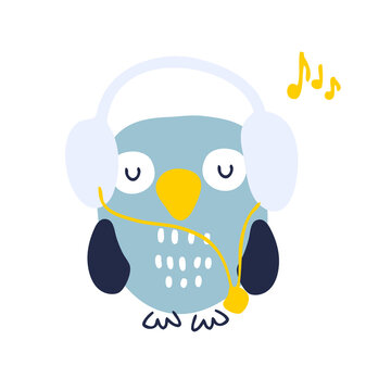 Hand drawn musical owl with headphones vector illustration. Design for T-shirt, textile and prints. 
